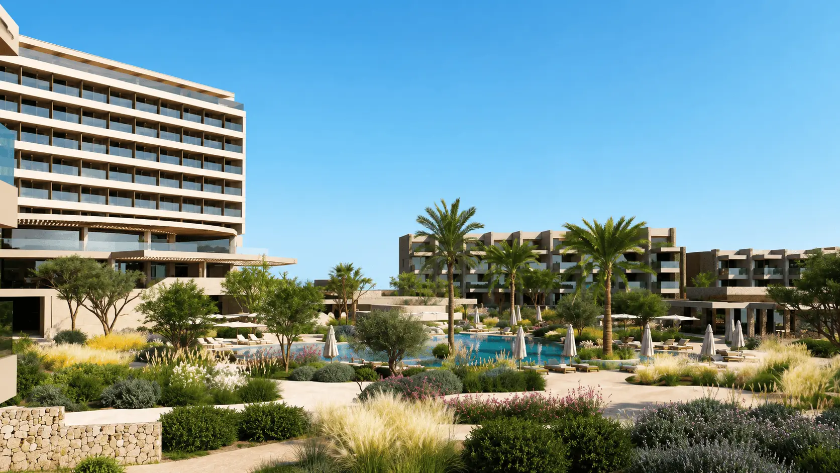 Luxury resort grounds with palm trees, manicured gardens, and a swimming pool under blue sky