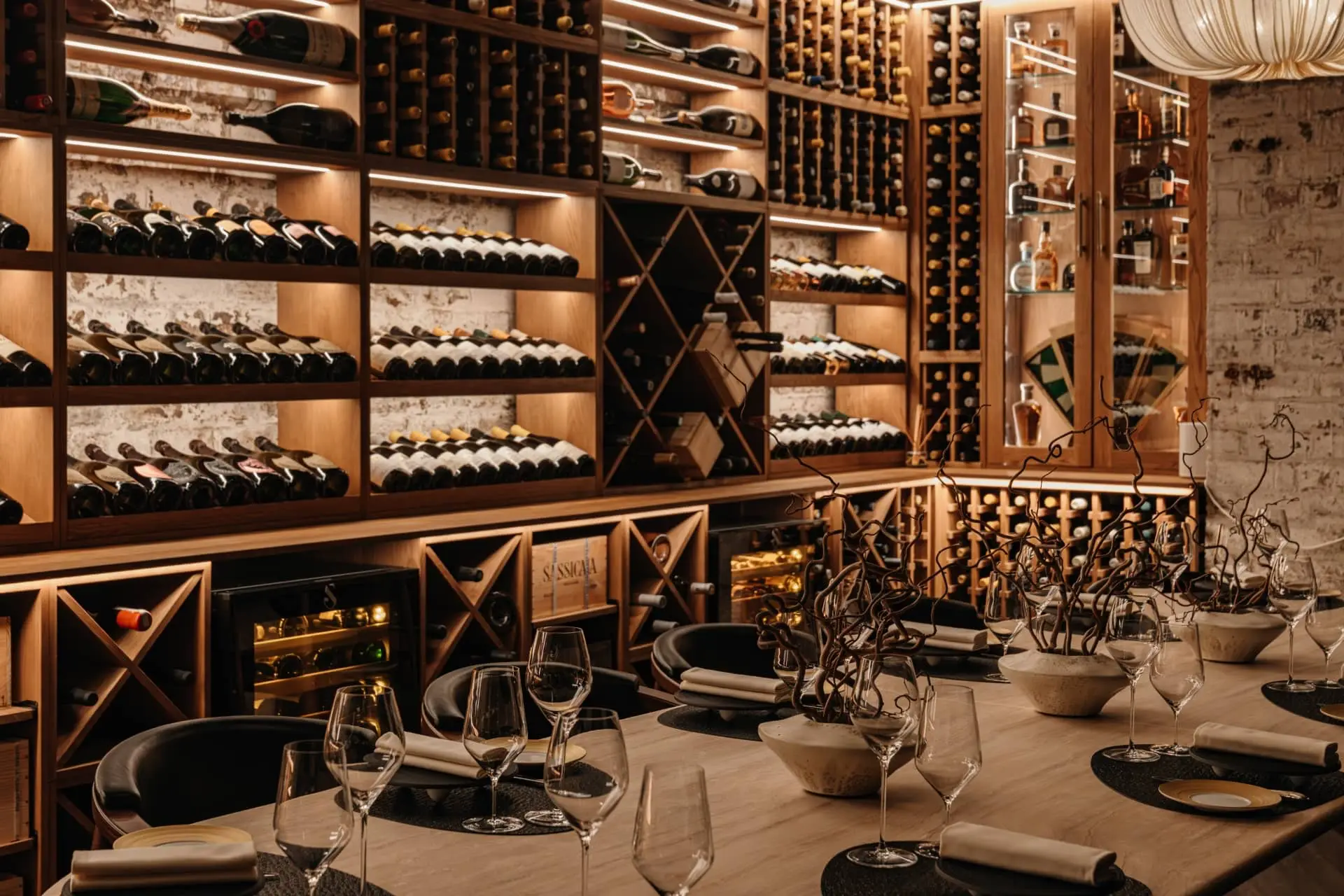 Elegant wine storage wall and candlelit dining table in a luxury restaurant