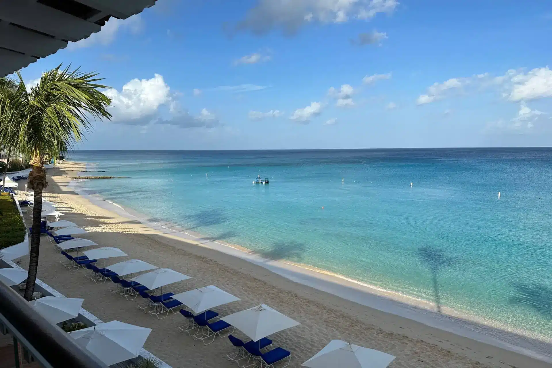 Tropical beachfront with turquoise water and rows of sun loungers under a sunny sky