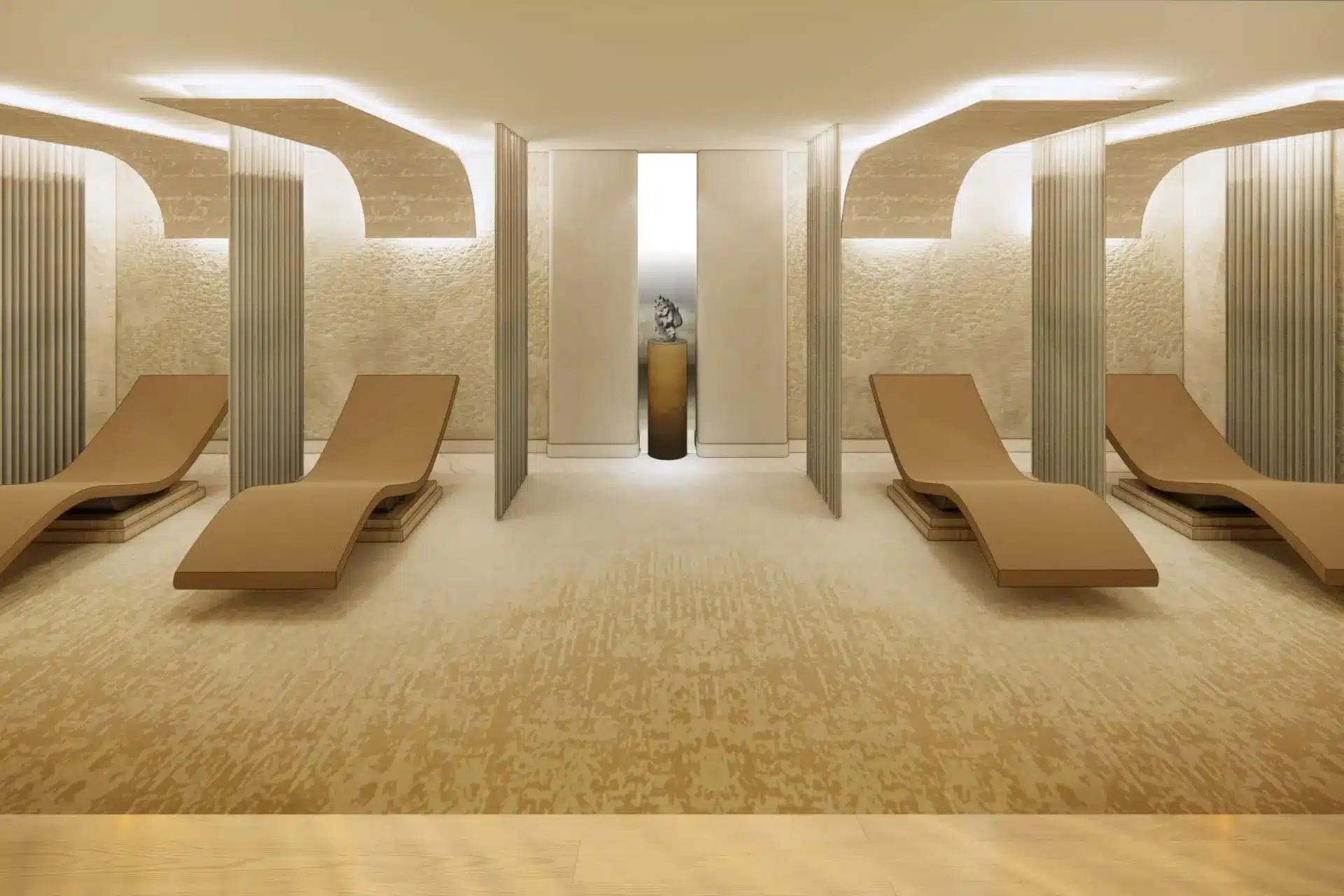 Serene luxury spa relaxation lounge with upholstered chaise longues and warm ambient lighting