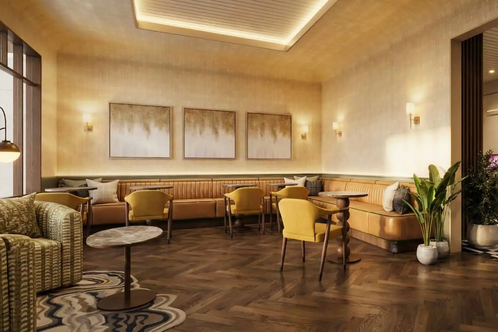 Heathrow Terminal 5 lounge interior with armchairs, sofas, tables, plants and warm wood-panelled décor