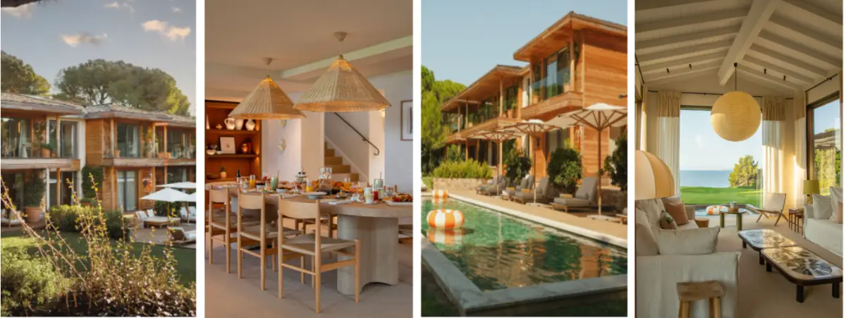 Les Pins and Les Oliviers villas beside a swimming pool, with the sea visible beyond the pine trees.