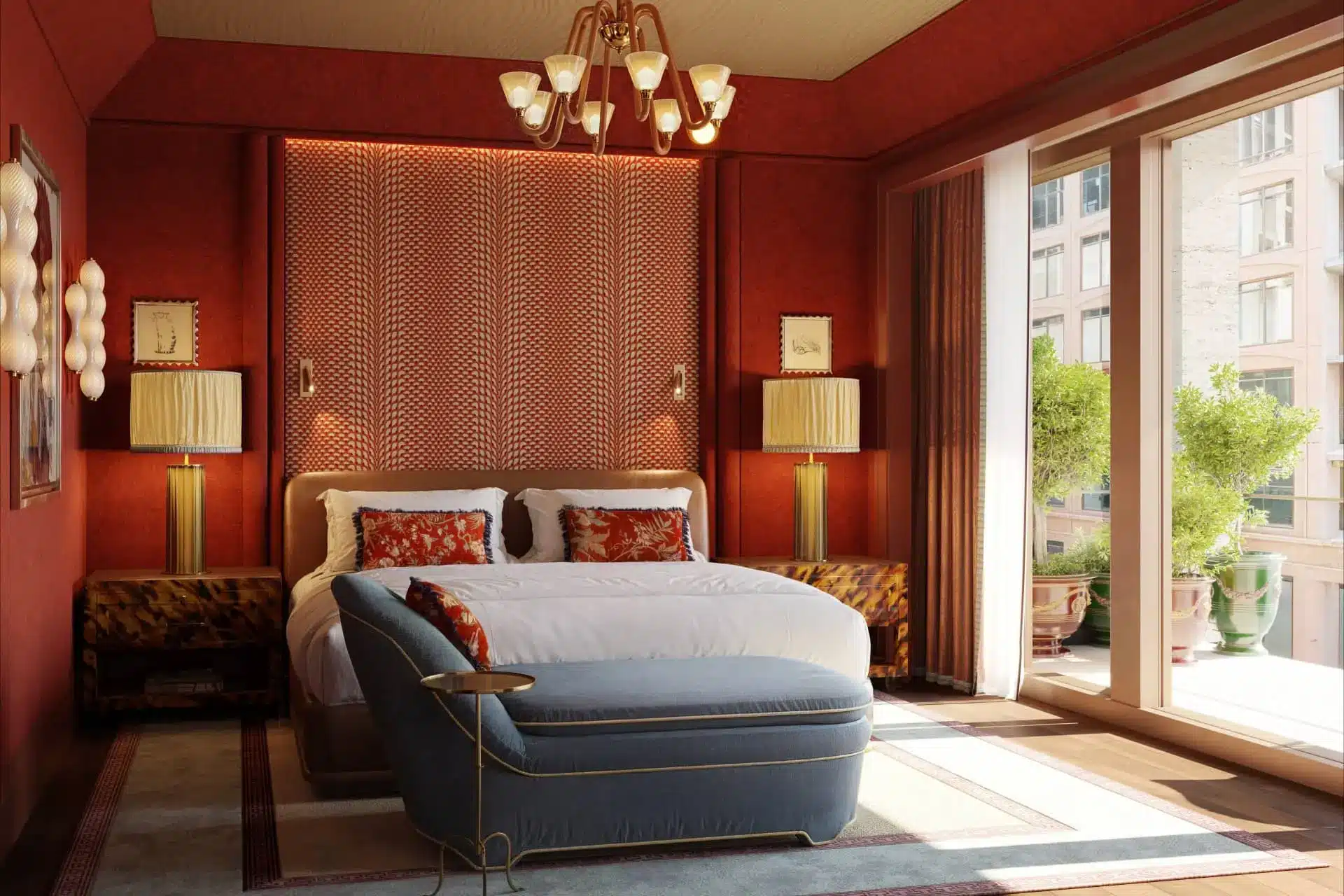 Hotel room rendering with a king bed, patterned wood wall, bedside lamps and floor-to-ceiling windows overlooking greenery.