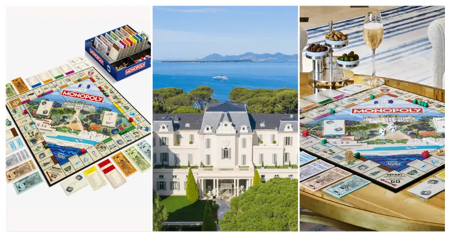 Illustrated Hotel du Cap-Eden-Roc Monopoly board, showing the hotel, seaside pool and colourful game pieces.