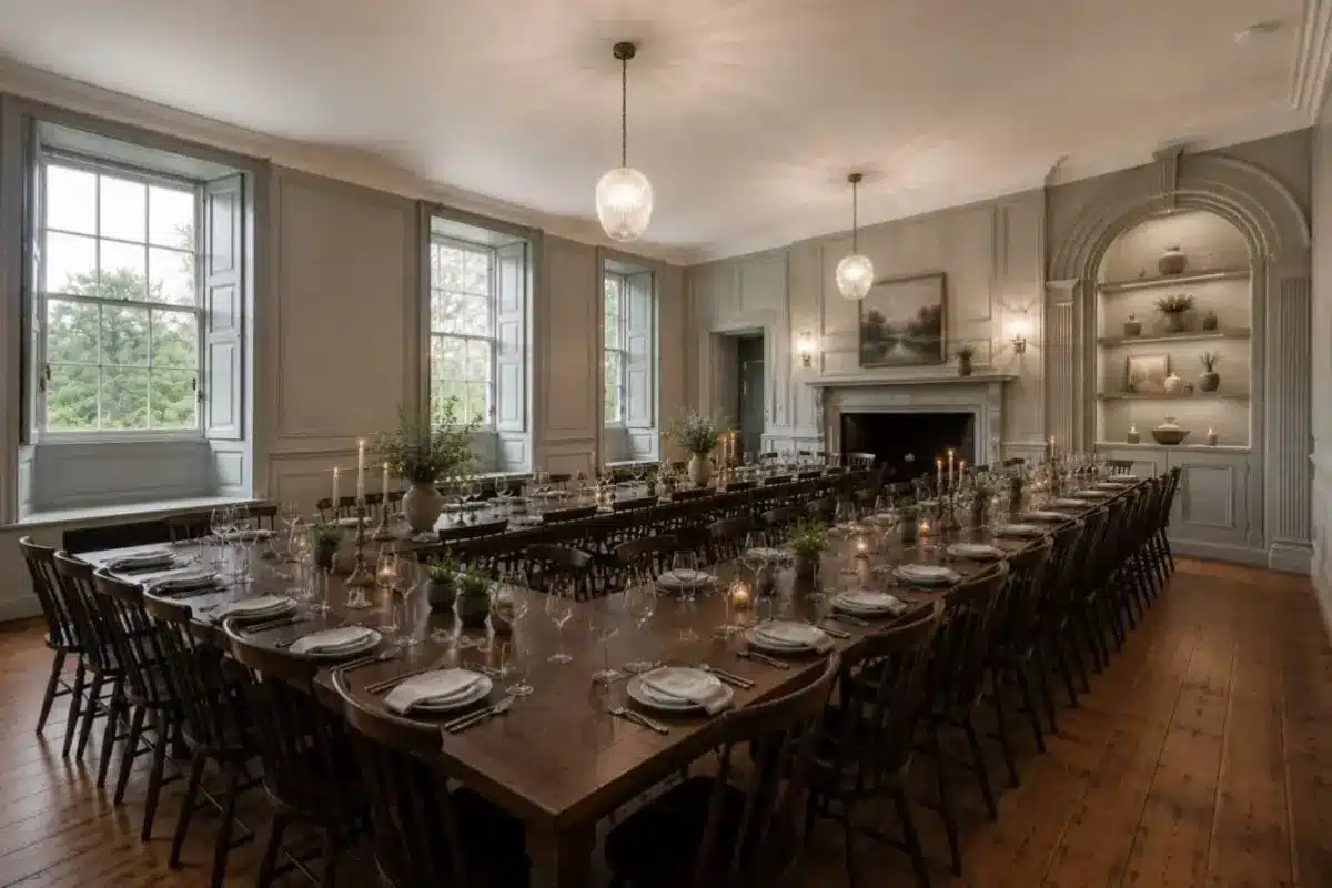 Elegant private dining room with a long table, dark chairs, tall windows, and a fireplace