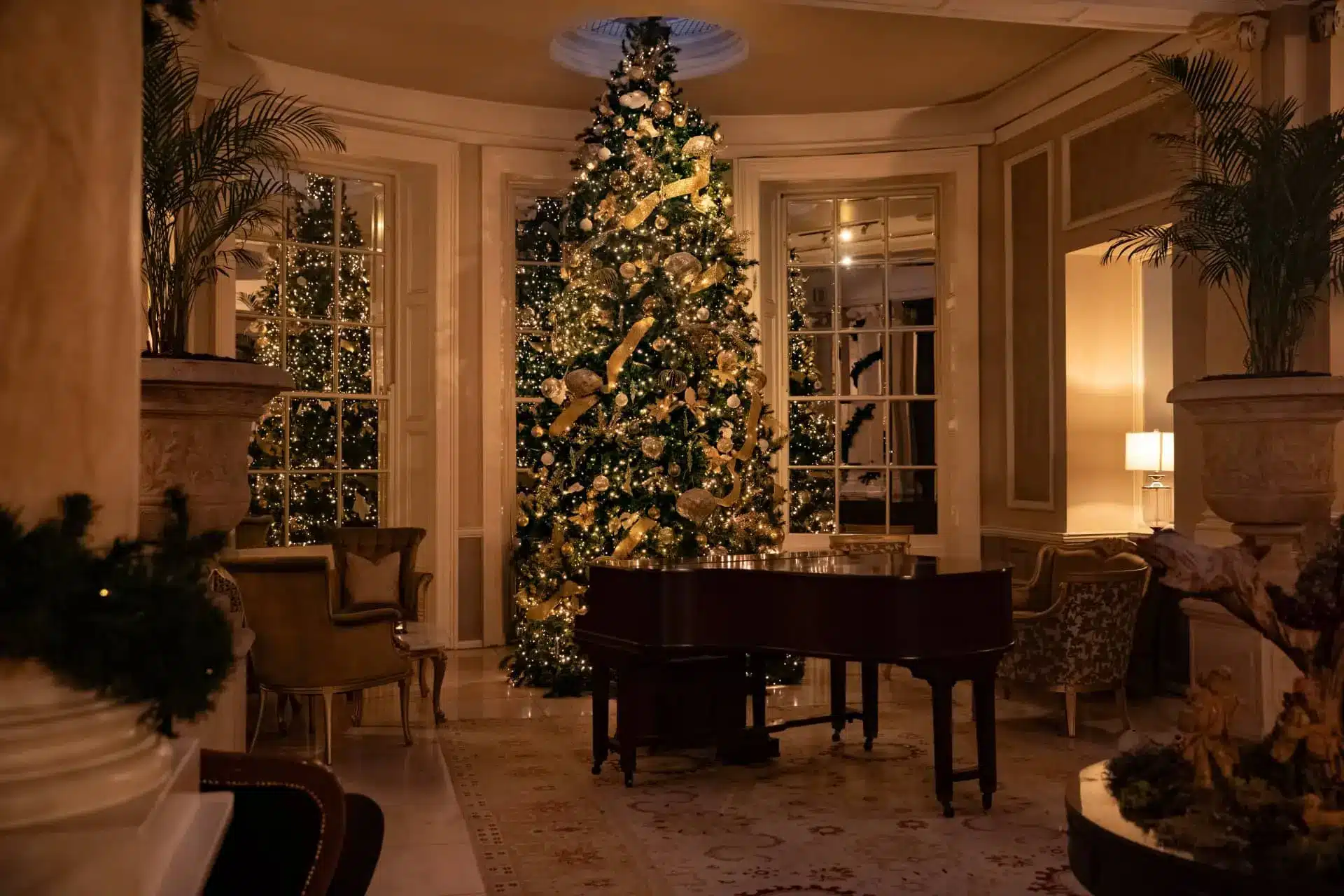 Christmas tree in the Great Southern Killarney’s elegant lounge, beside a grand piano