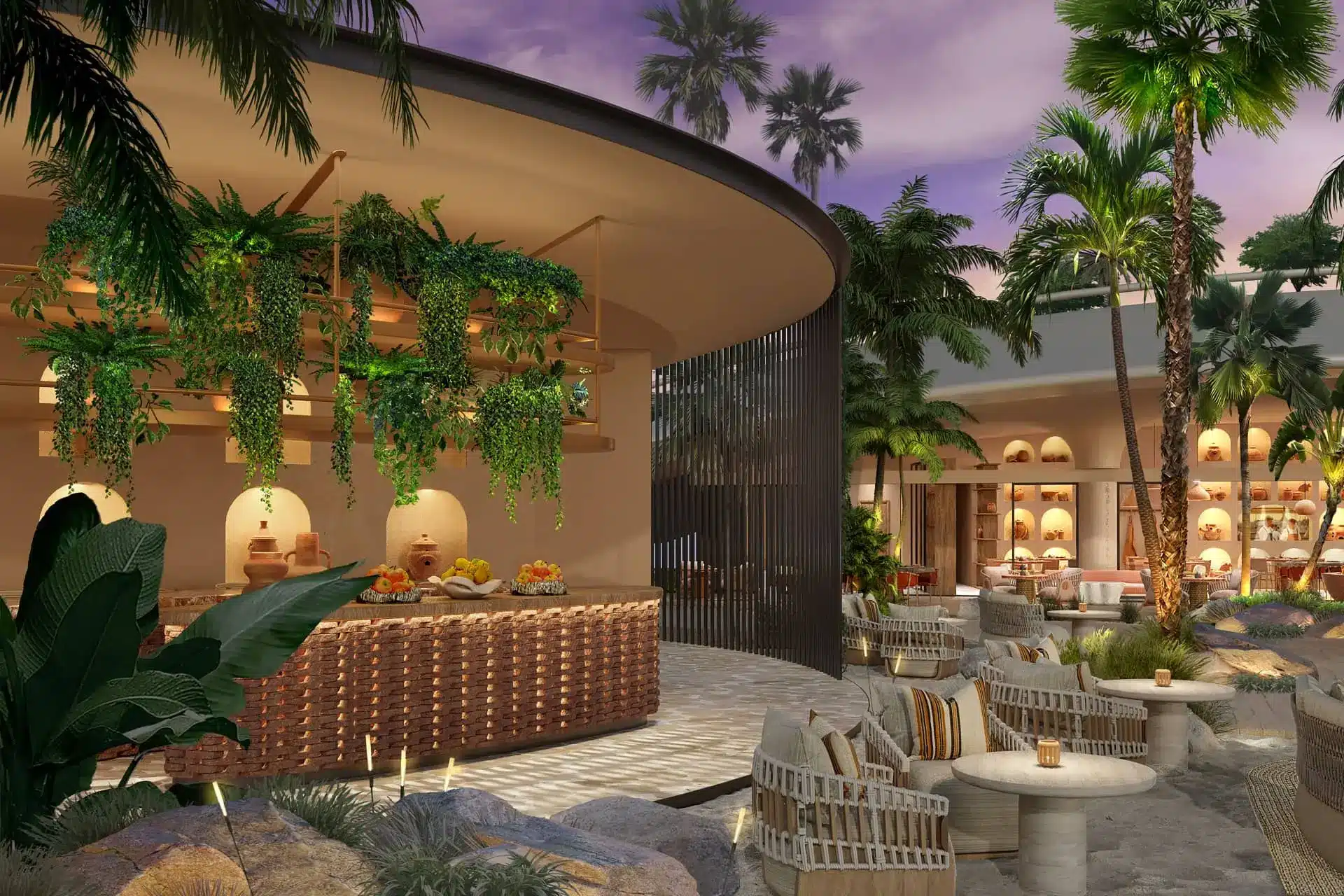 Illustrated luxury tropical resort lounge with a curved bar, palm trees, and elegant seating