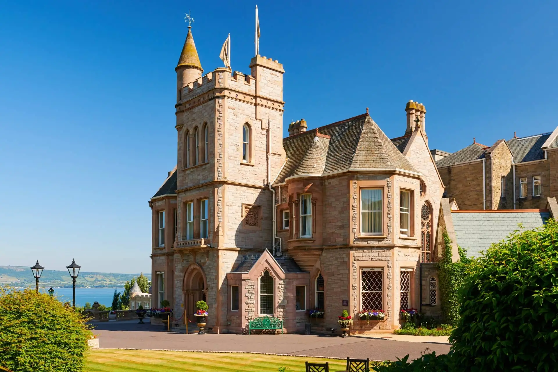 Illustration of Culloden Estate & Spa, a Victorian mansion overlooking Belfast Lough.