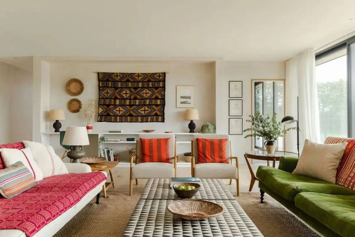 Bright modern living room with colorful sofas, a patterned rug, and large windows overlooking greenery